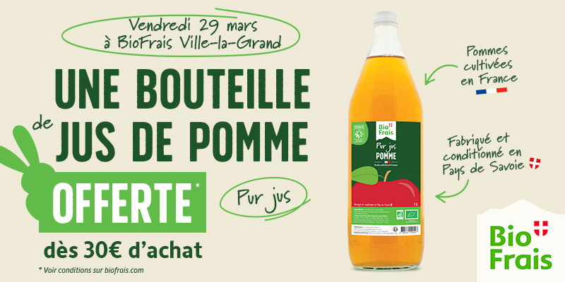 Une bouteille de jus de pomme offert au BioFrais de Ville-la-Grand !